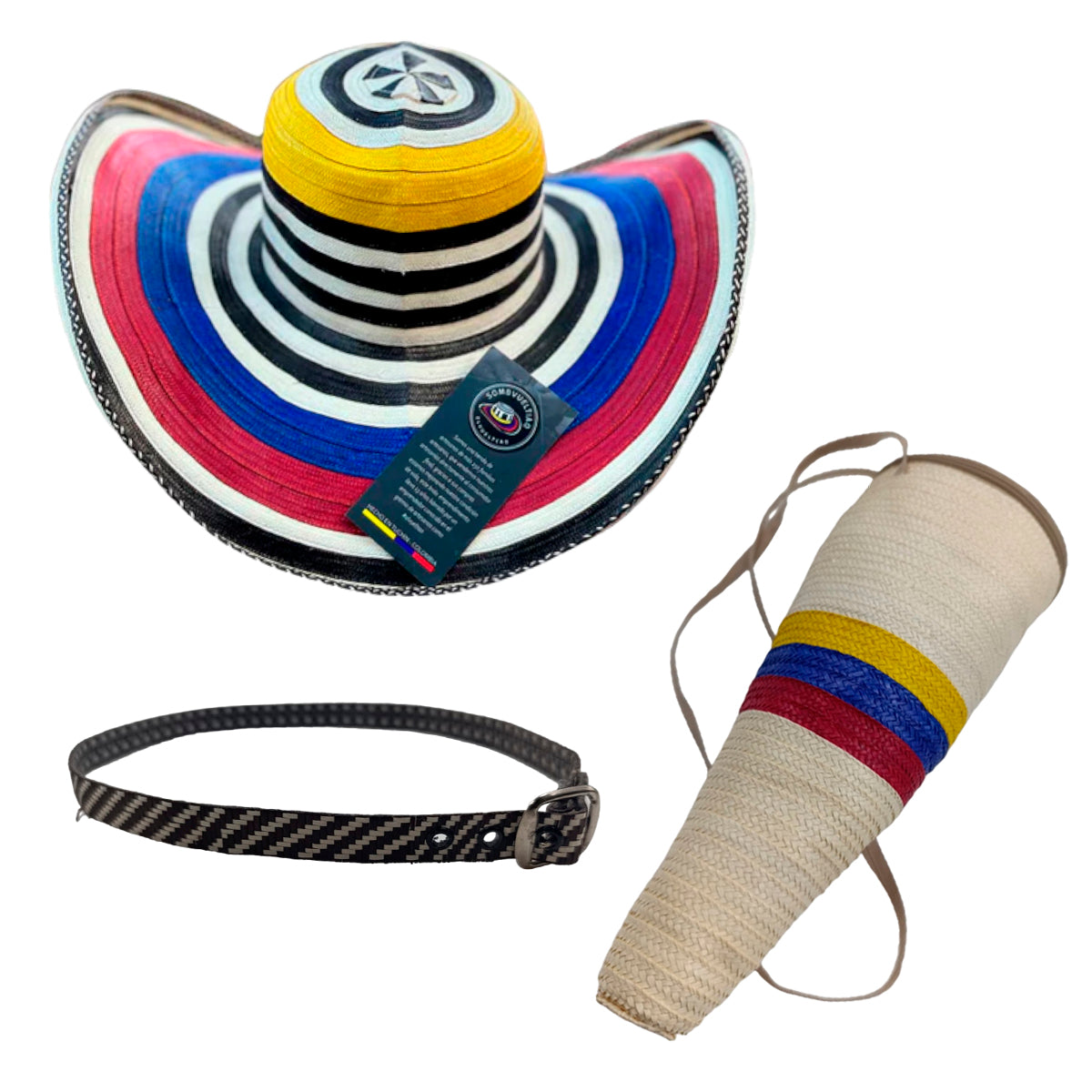 Sombrero 23 Fibras Diseño Colombiano con Franjas + Estuche + Correa