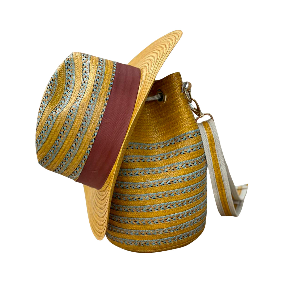 Combo Artesanal Sombrero + Bolso Diseño Dorado